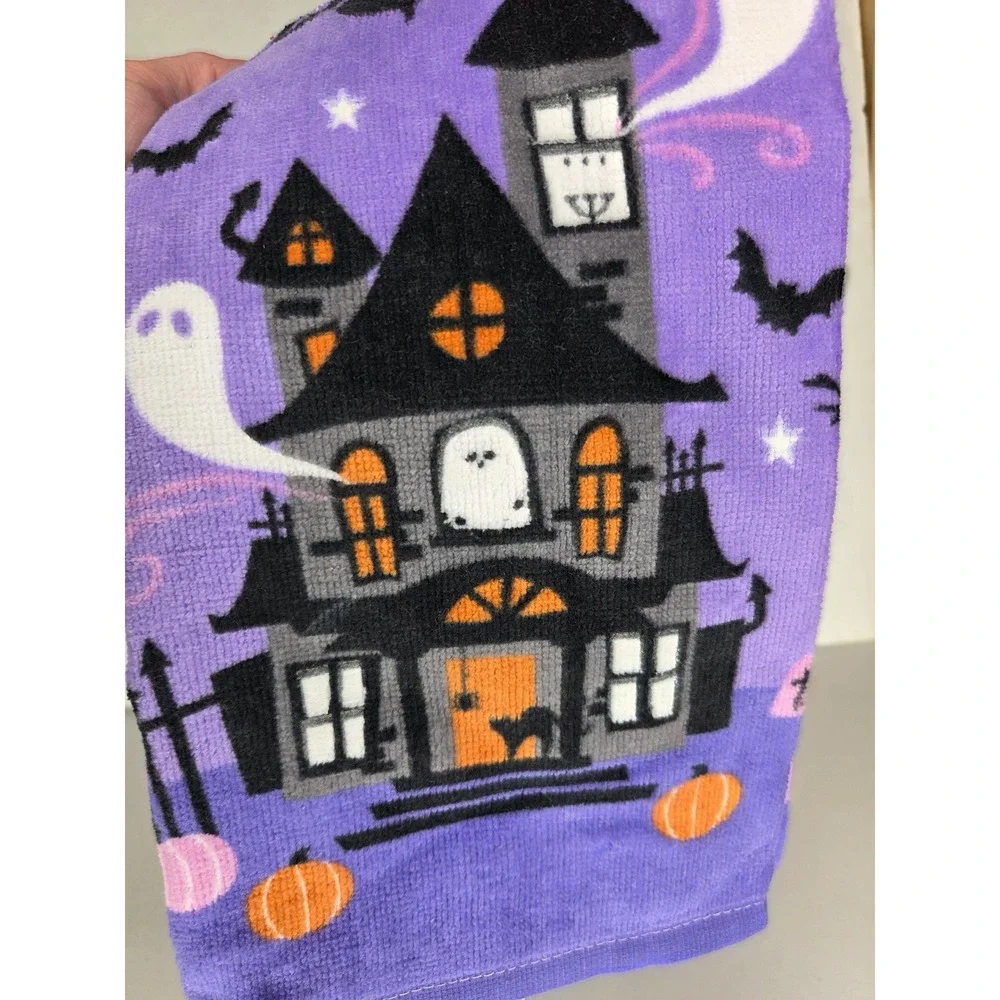 Halloween Haunted House Kitchen Towels Set Purple Black Cotton Ghost Cat Bat
